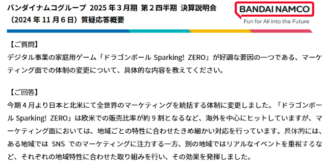 《七龙珠 电光炸裂！ZERO》销量9成来自欧洲和北美